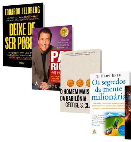 Capa do livro Kit: Deixe de Ser Pobre, Pai Rico Pai Pobre, O Homem Mais Rico da Babilônia, Os Segredos da Mente Milionária e mais